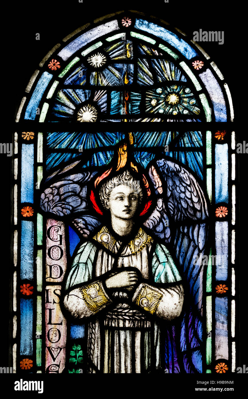 Angel stained glass by Joyce Meredith, St. Augustine`s Church, Westbury, Buckinghamshire, England, UK Stock Photo